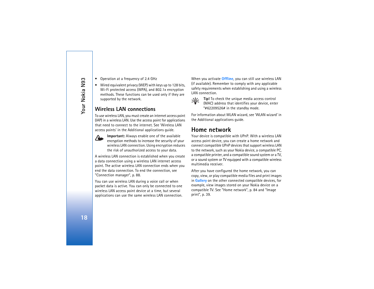 Wireless lan connections, Home network | Nokia N93 User Manual | Page 19 / 273