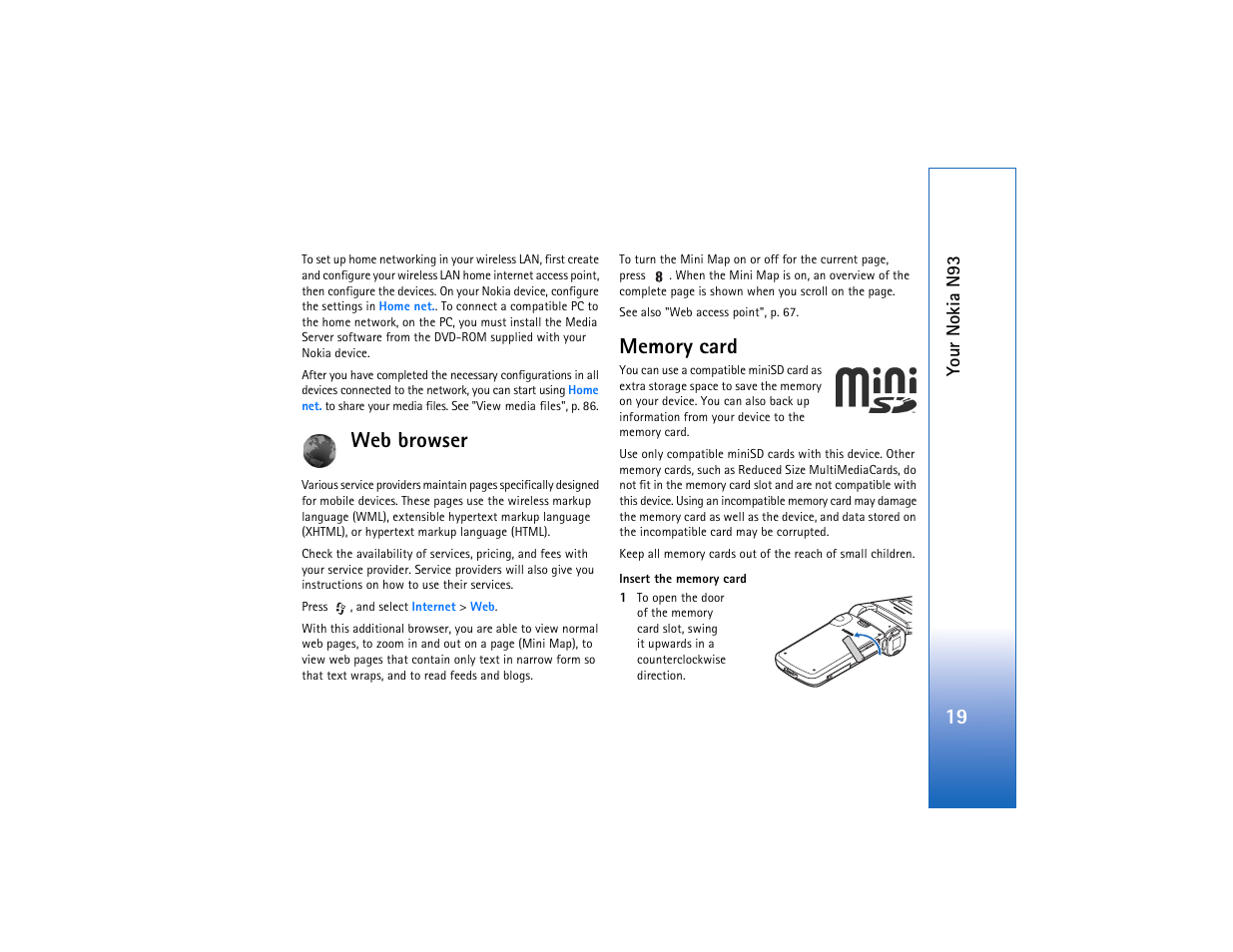 Web browser, Memory card, Web browser memory card | Nokia N93 User Manual | Page 20 / 273