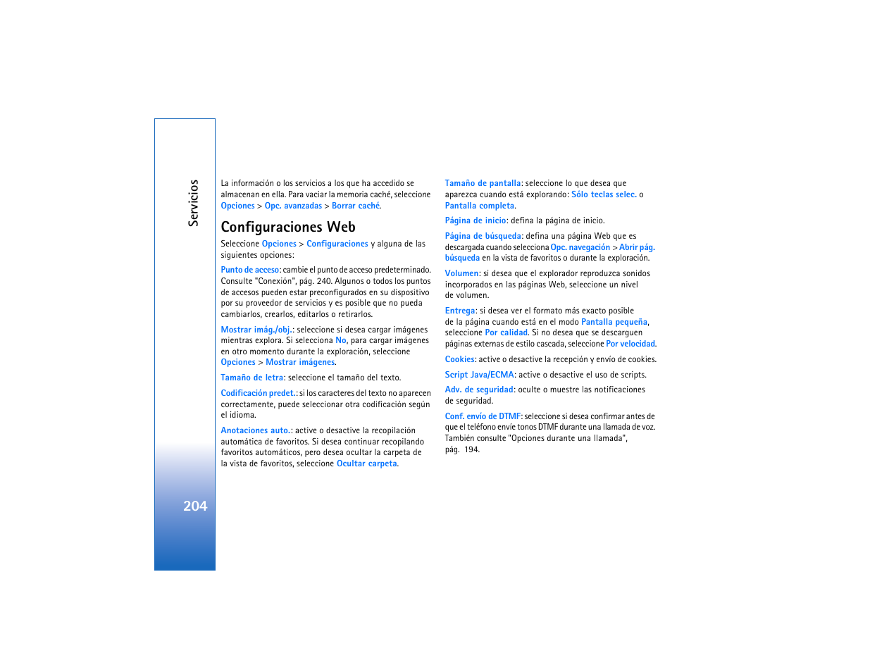 Configuraciones web, Servic ios | Nokia N93 User Manual | Page 205 / 273