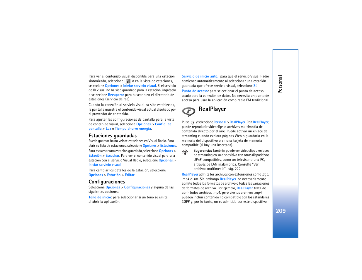 Estaciones guardadas, Configuraciones, Realplayer | Personal | Nokia N93 User Manual | Page 210 / 273