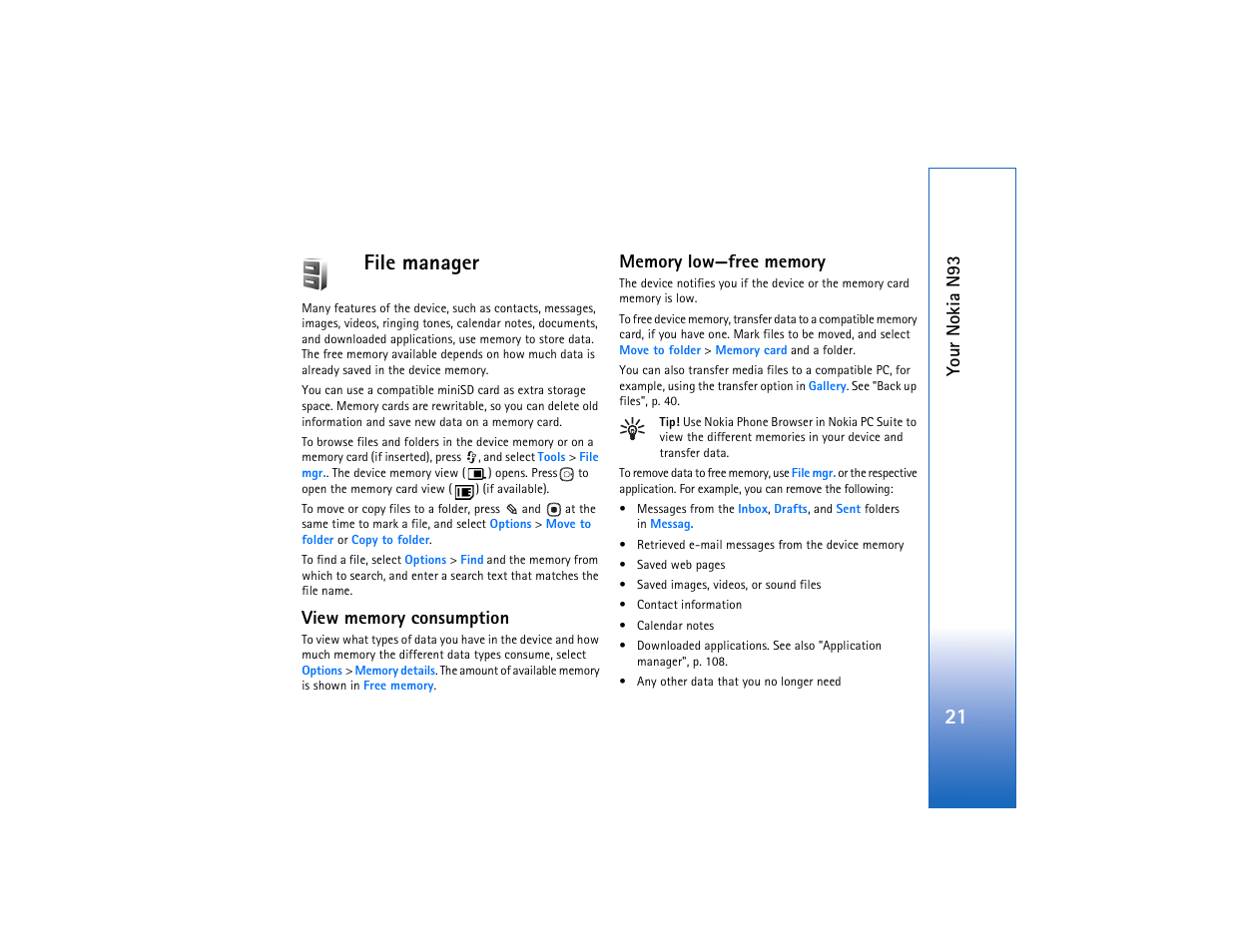 File manager, View memory consumption, Memory low—free memory | 21 file manager, You r nokia n93 | Nokia N93 User Manual | Page 22 / 273