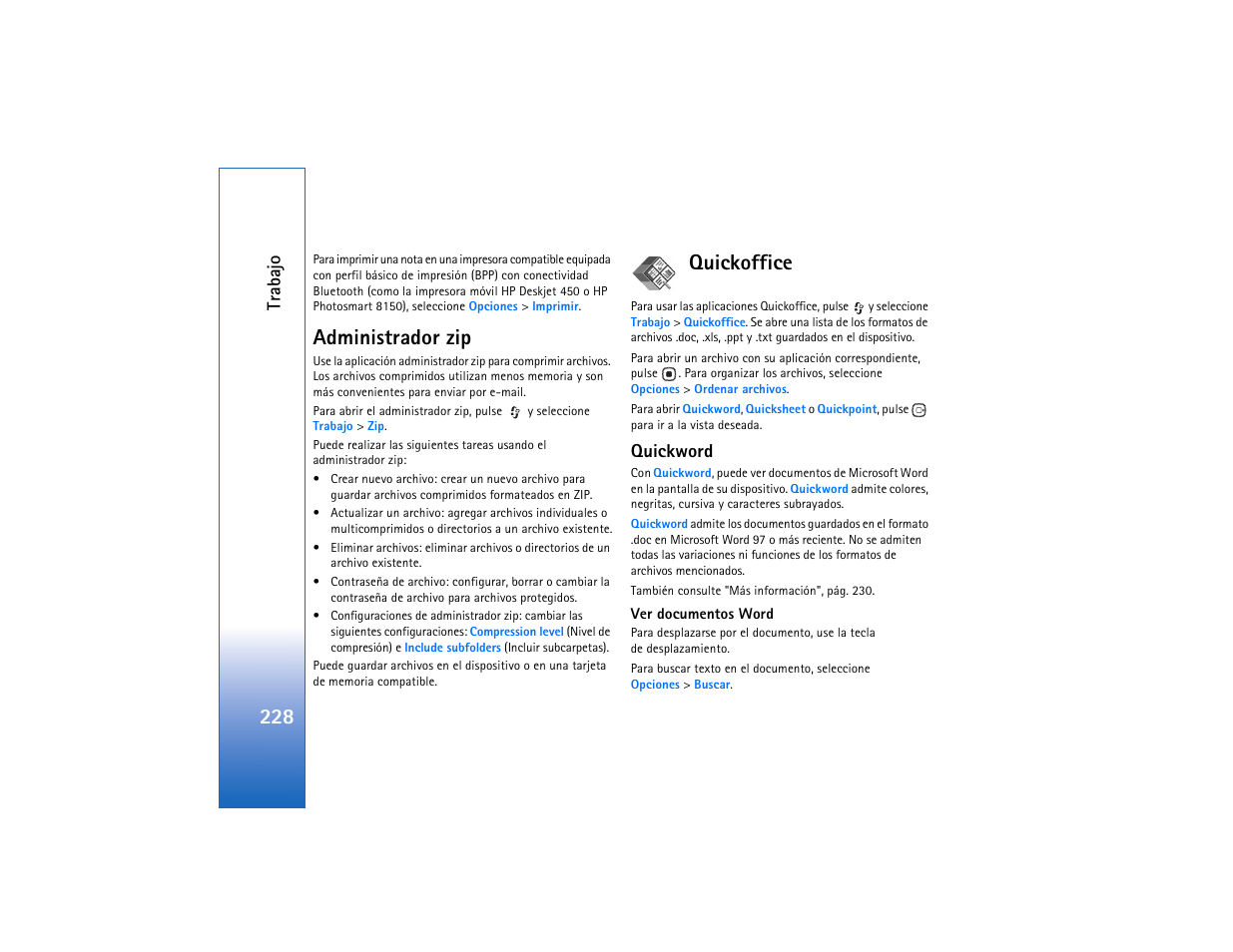 Administrador zip, Quickoffice, Quickword | Administrador zip quickoffice, Tr abajo | Nokia N93 User Manual | Page 229 / 273