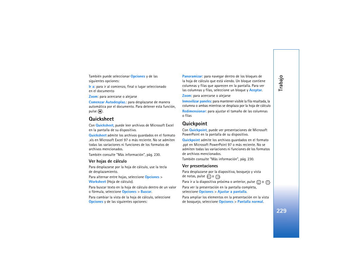 Quicksheet, Quickpoint, Tr abajo | Nokia N93 User Manual | Page 230 / 273