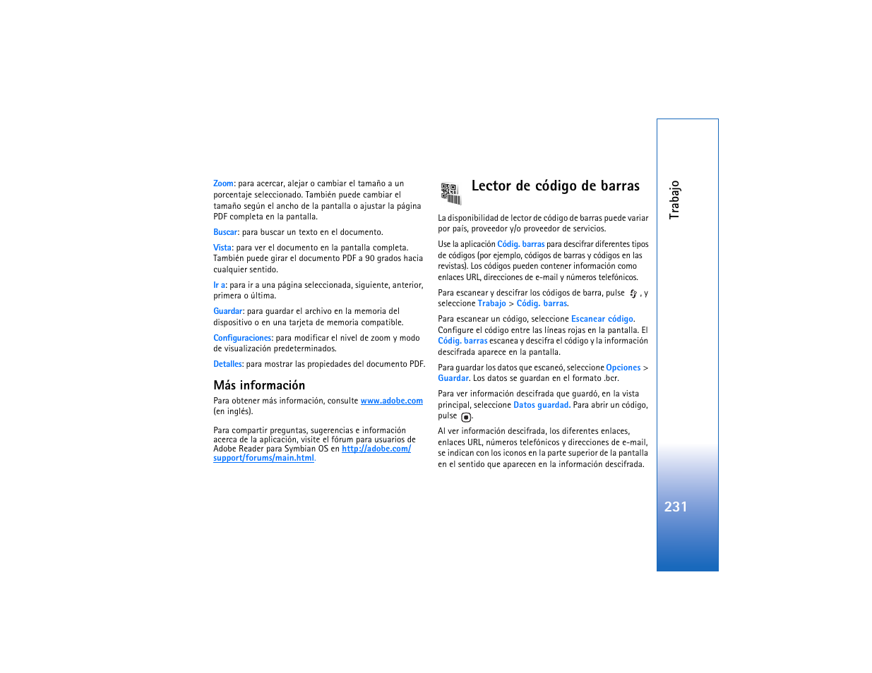 Más información, Lector de código de barras, Tr abajo | Nokia N93 User Manual | Page 232 / 273