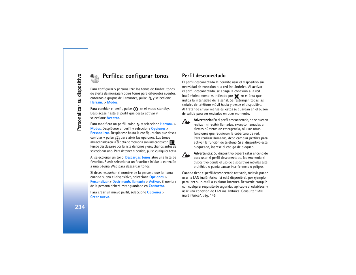 Perfiles: configurar tonos, Perfil desconectado, Perfiles | Configurar tonos", p, 234 perfiles: configurar tonos | Nokia N93 User Manual | Page 235 / 273