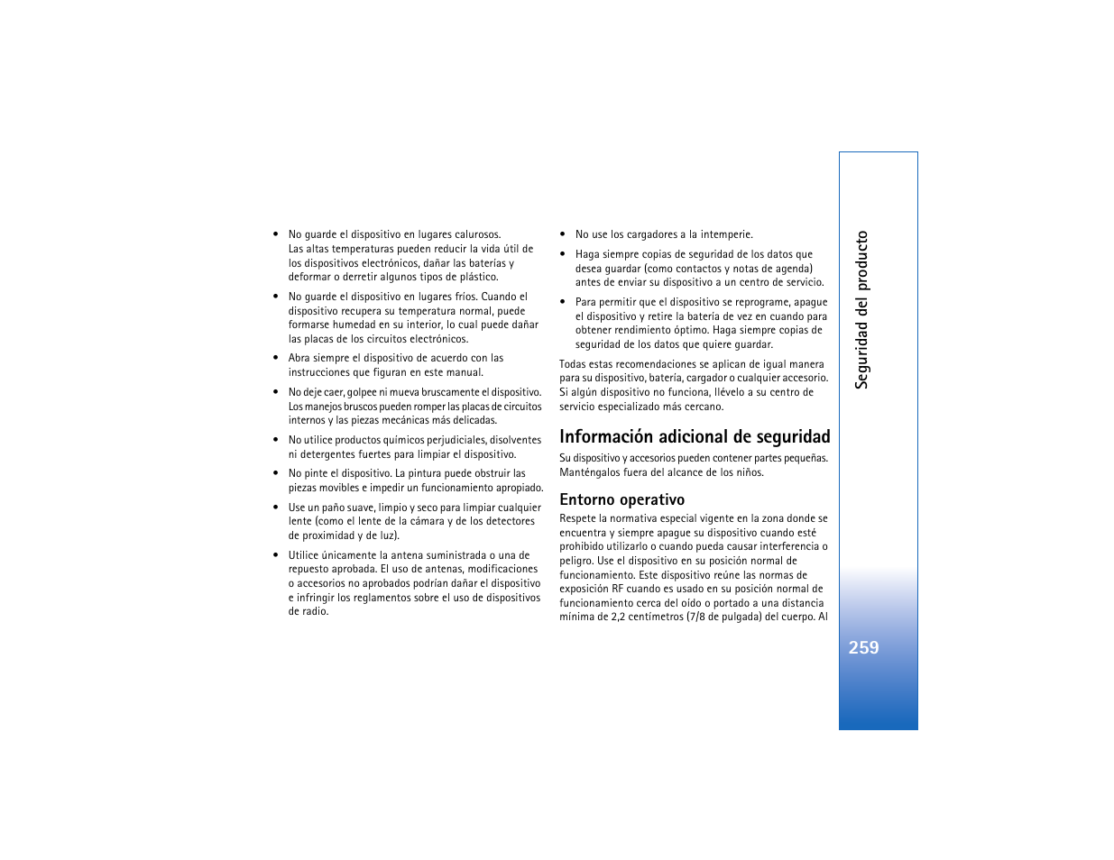 Información adicional deseguridad, Entorno operativo, Información adicional de seguridad | Nokia N93 User Manual | Page 260 / 273