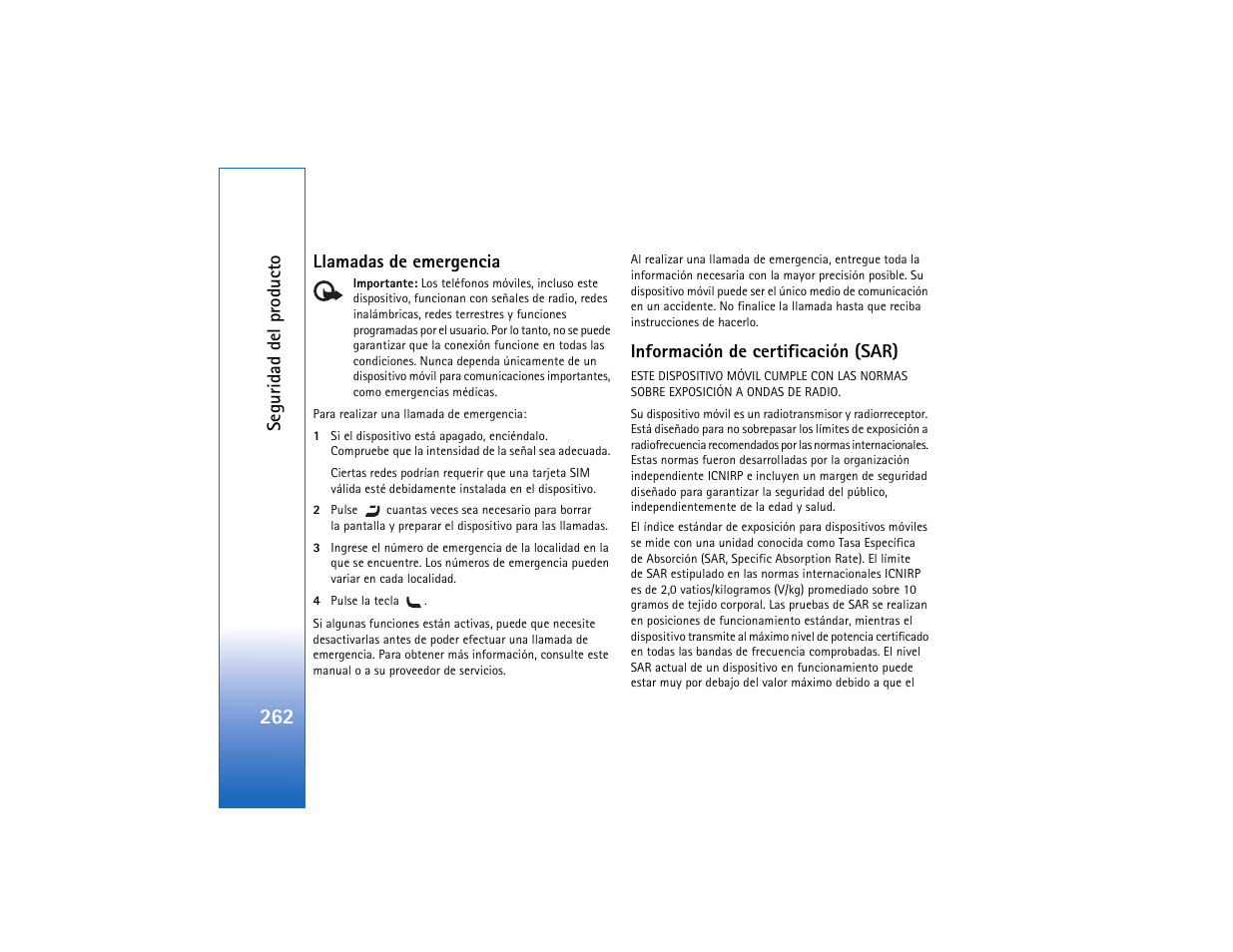 Llamadas de emergencia, Información de certificación (sar) | Nokia N93 User Manual | Page 263 / 273