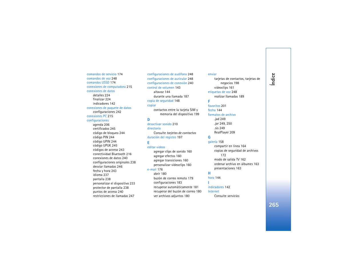 Ín d ic e | Nokia N93 User Manual | Page 266 / 273