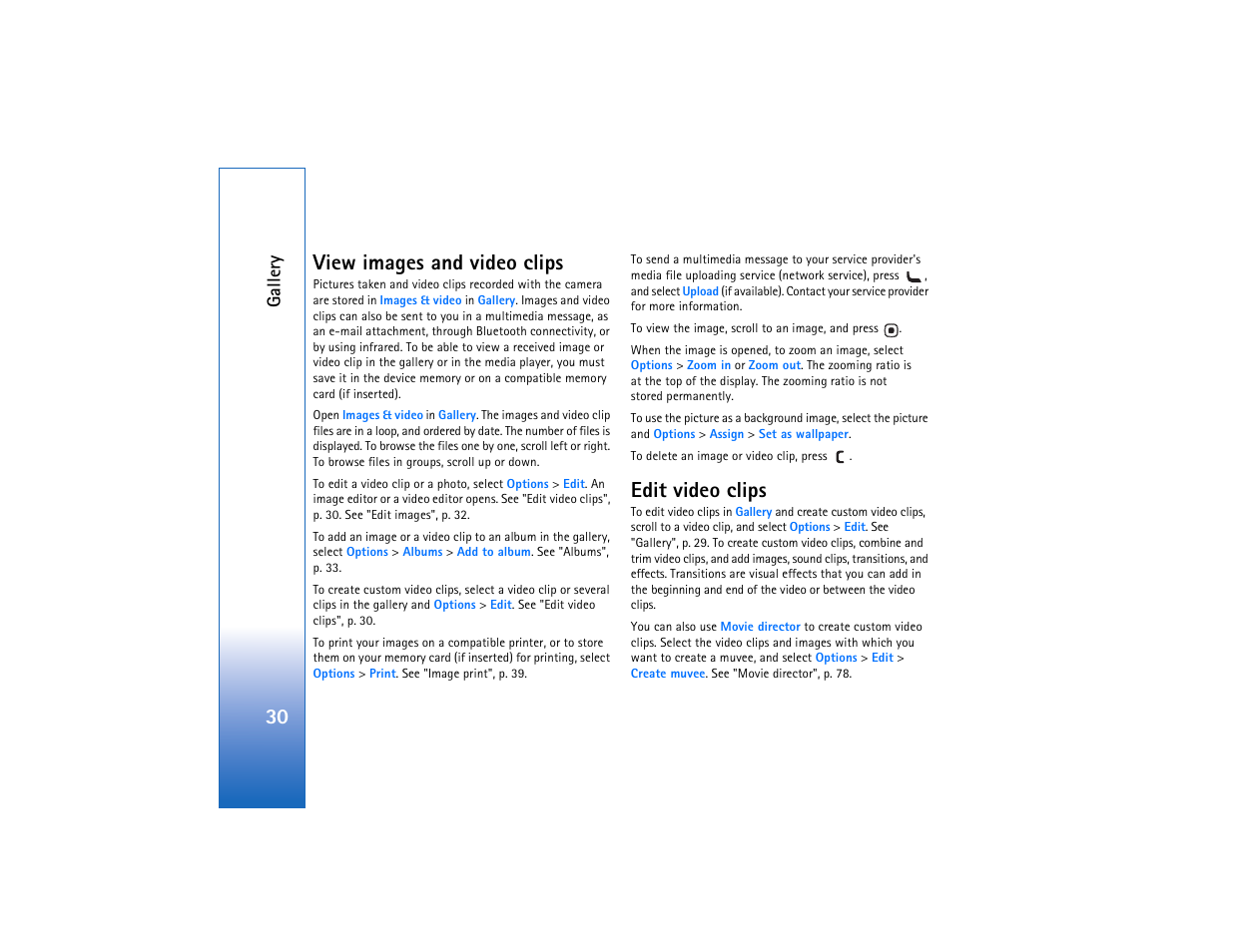 View images and video clips, Edit video clips, View images and video clips edit video clips | View images, And video clips, 30 view images and video clips, Galler y | Nokia N93 User Manual | Page 31 / 273