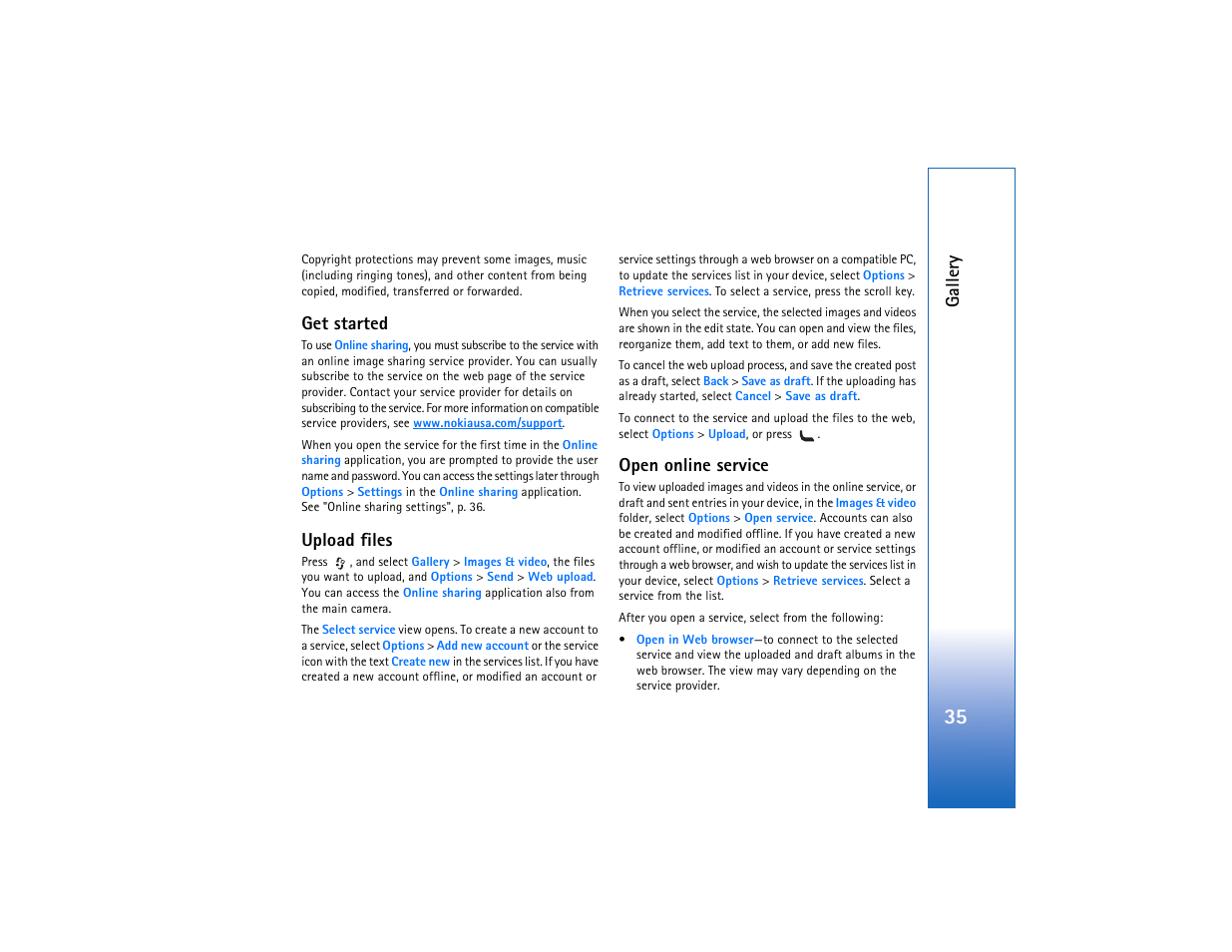 Get started, Upload files, Open online service | Galler y | Nokia N93 User Manual | Page 36 / 273