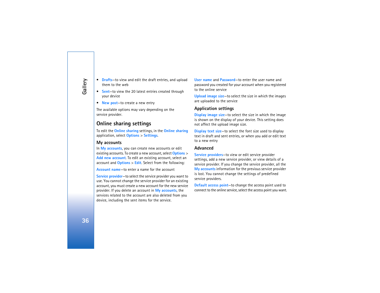 Online sharing settings, Galler y | Nokia N93 User Manual | Page 37 / 273