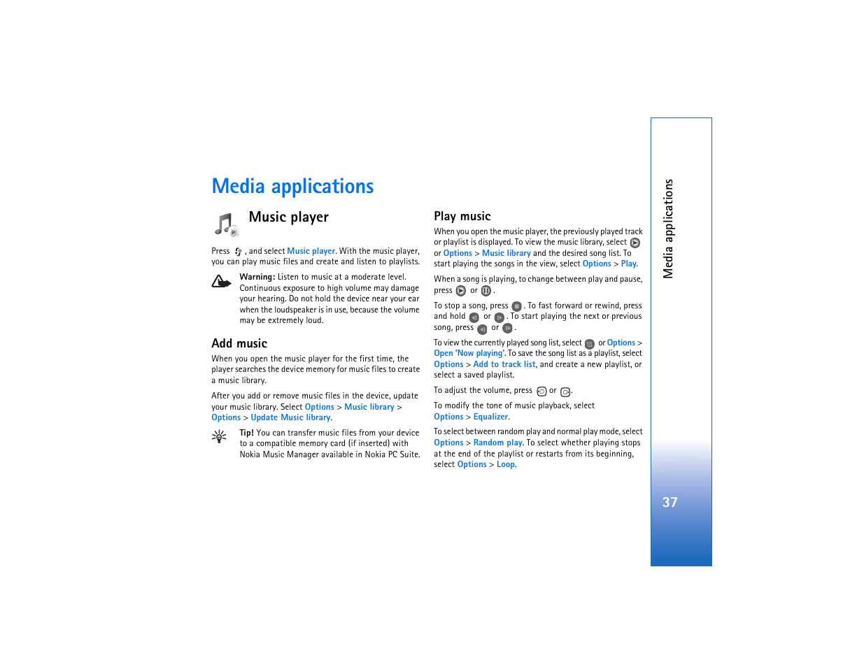 Media applications, Music player, Add music | Play music | Nokia N93 User Manual | Page 38 / 273