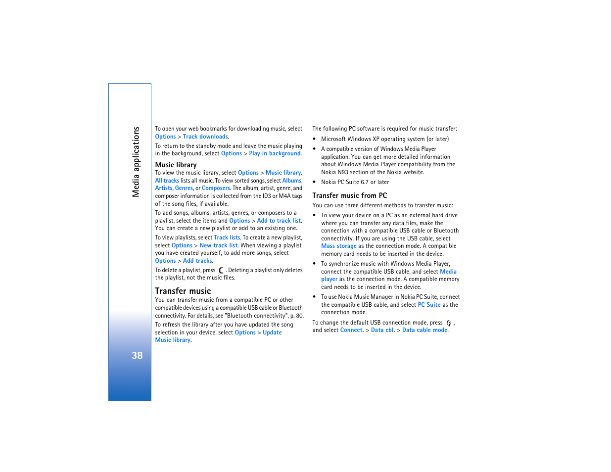 Transfer music, Me dia a ppli cations | Nokia N93 User Manual | Page 39 / 273