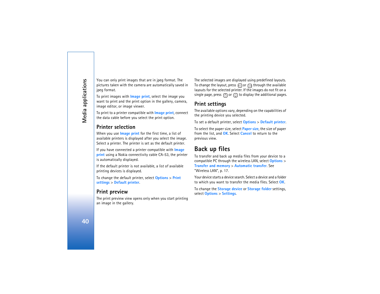 Printer selection, Print preview, Print settings | Back up files, Back up, Files", p, Ee "back up files, Me dia a ppli cations | Nokia N93 User Manual | Page 41 / 273