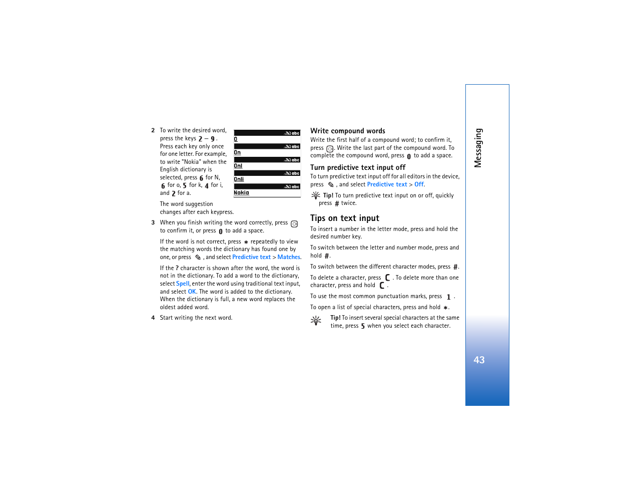 Tips on text input, Messaging | Nokia N93 User Manual | Page 44 / 273