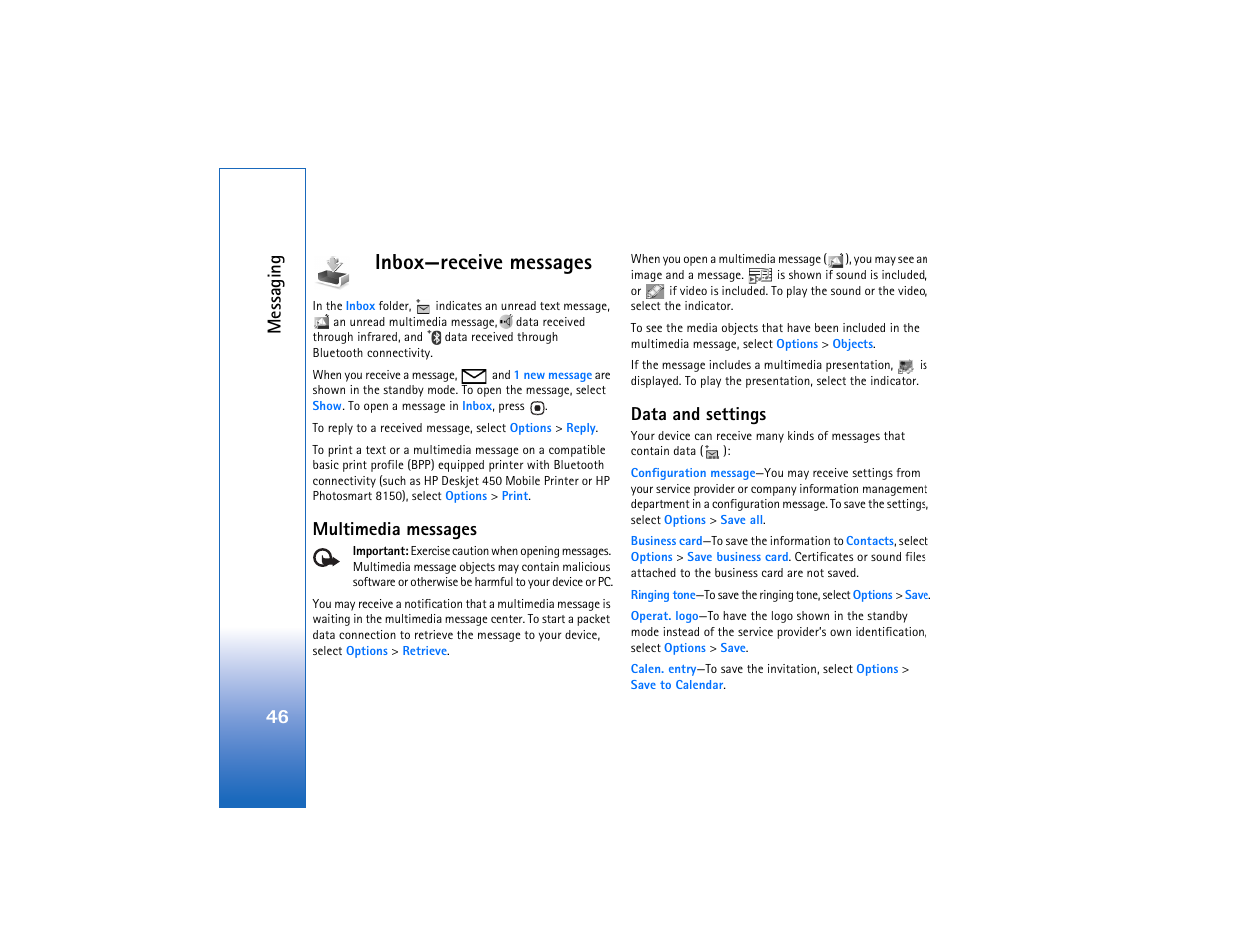 Inbox—receive messages, Multimedia messages, Data and settings | 46 inbox—receive messages, Messaging | Nokia N93 User Manual | Page 47 / 273