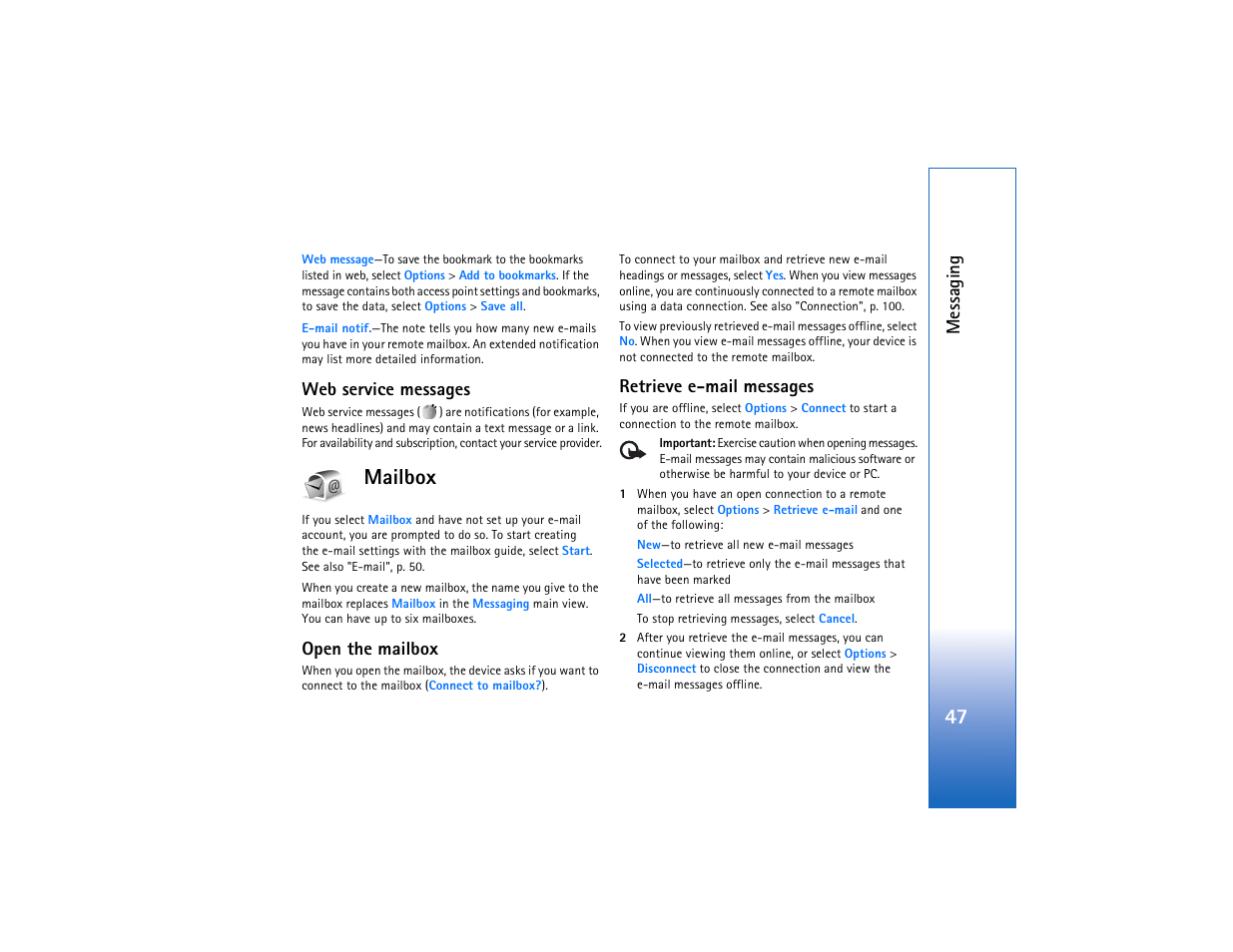 Web service messages, Mailbox, Open the mailbox | Retrieve e-mail messages, Messaging | Nokia N93 User Manual | Page 48 / 273