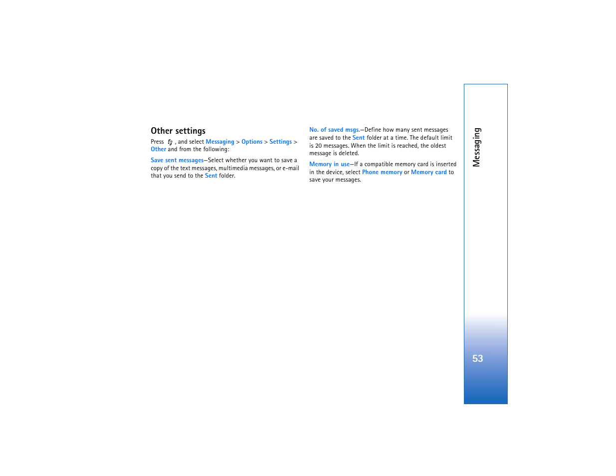 Other, Other settings, Messaging | Nokia N93 User Manual | Page 54 / 273