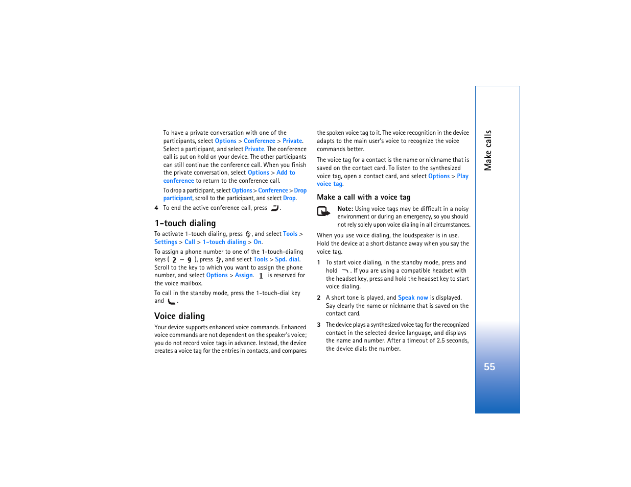 Touch dialing, Voice dialing, Mak e calls | Nokia N93 User Manual | Page 56 / 273