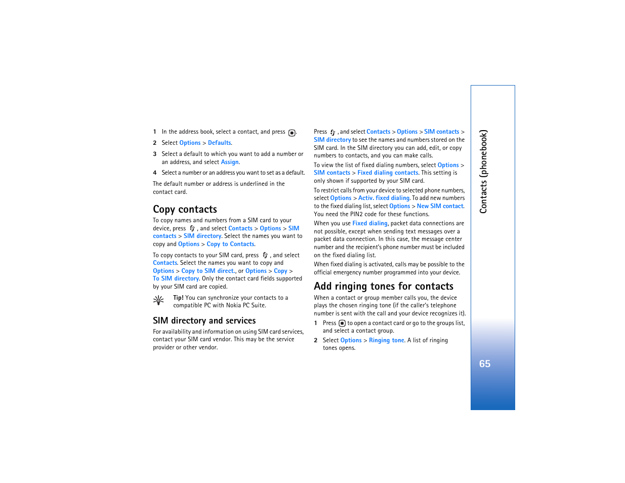 Copy contacts, Sim directory, Add ringing tones for contacts | Copy contacts add ringing tones for contacts, P. 65, Co n tact s (phone book), Sim directory and services | Nokia N93 User Manual | Page 66 / 273