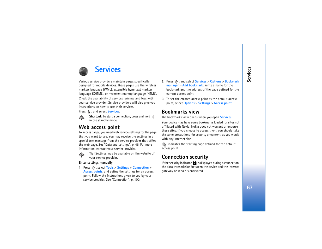 Services, Web access point, Bookmarks view | Connection security | Nokia N93 User Manual | Page 68 / 273