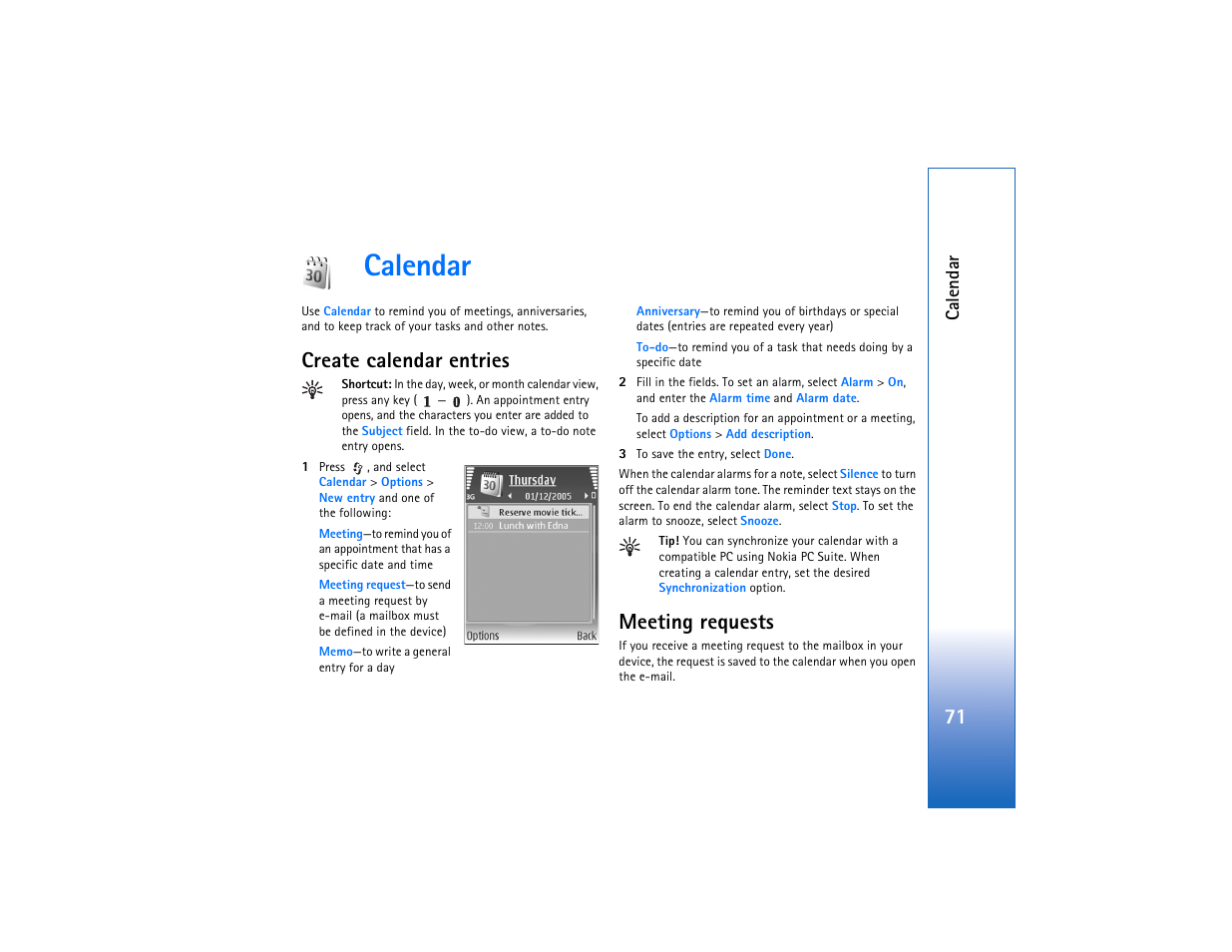 Calendar, Create calendar entries, Meeting requests | Create calendar entries meeting requests, D "create calendar entries | Nokia N93 User Manual | Page 72 / 273