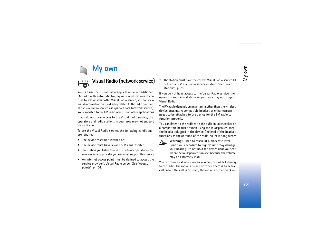 My own, Visual radio (network service) | Nokia N93 User Manual | Page 74 / 273