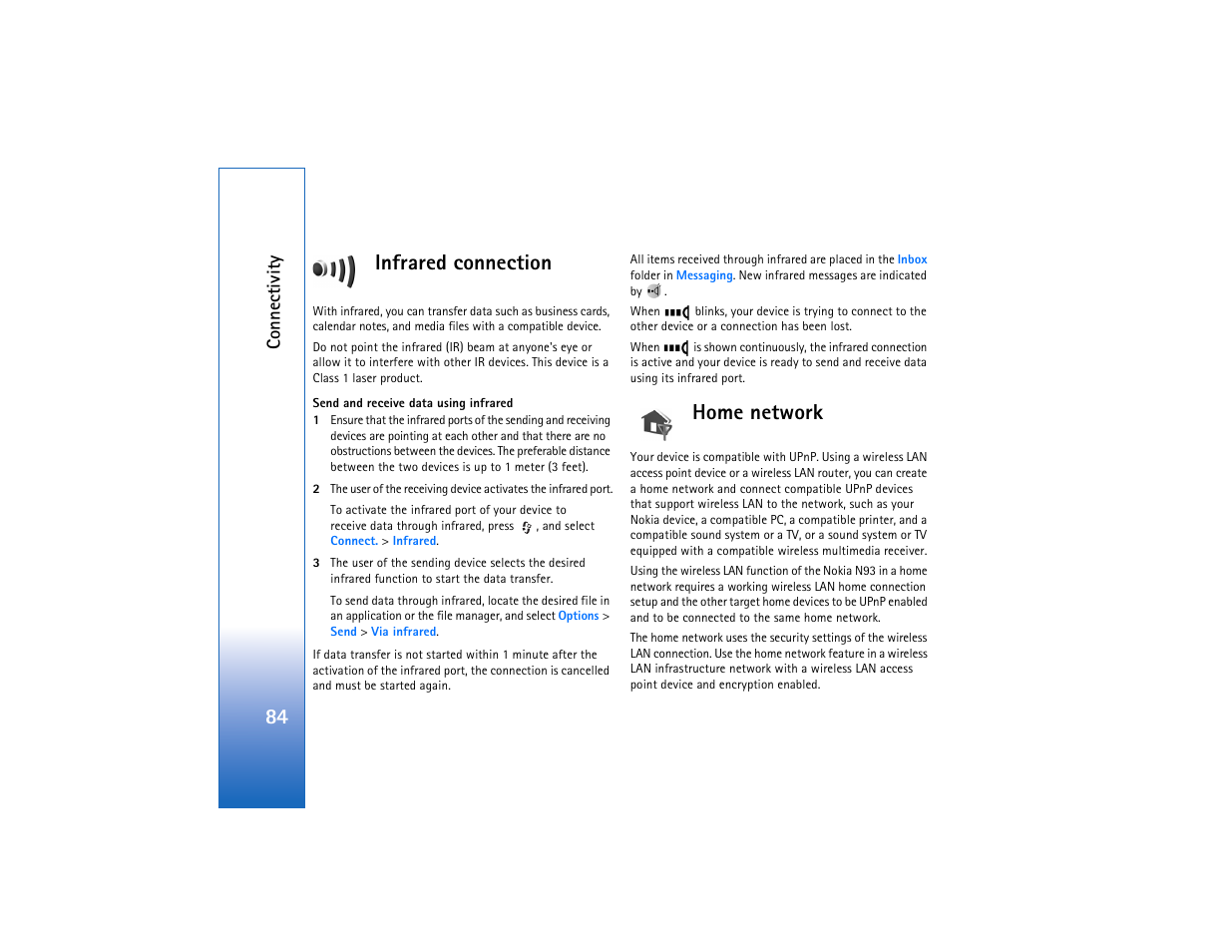 Infrared connection, Home network, Infrared connection home network | See "infrared connect, 84 and, 84 infrared connection | Nokia N93 User Manual | Page 85 / 273
