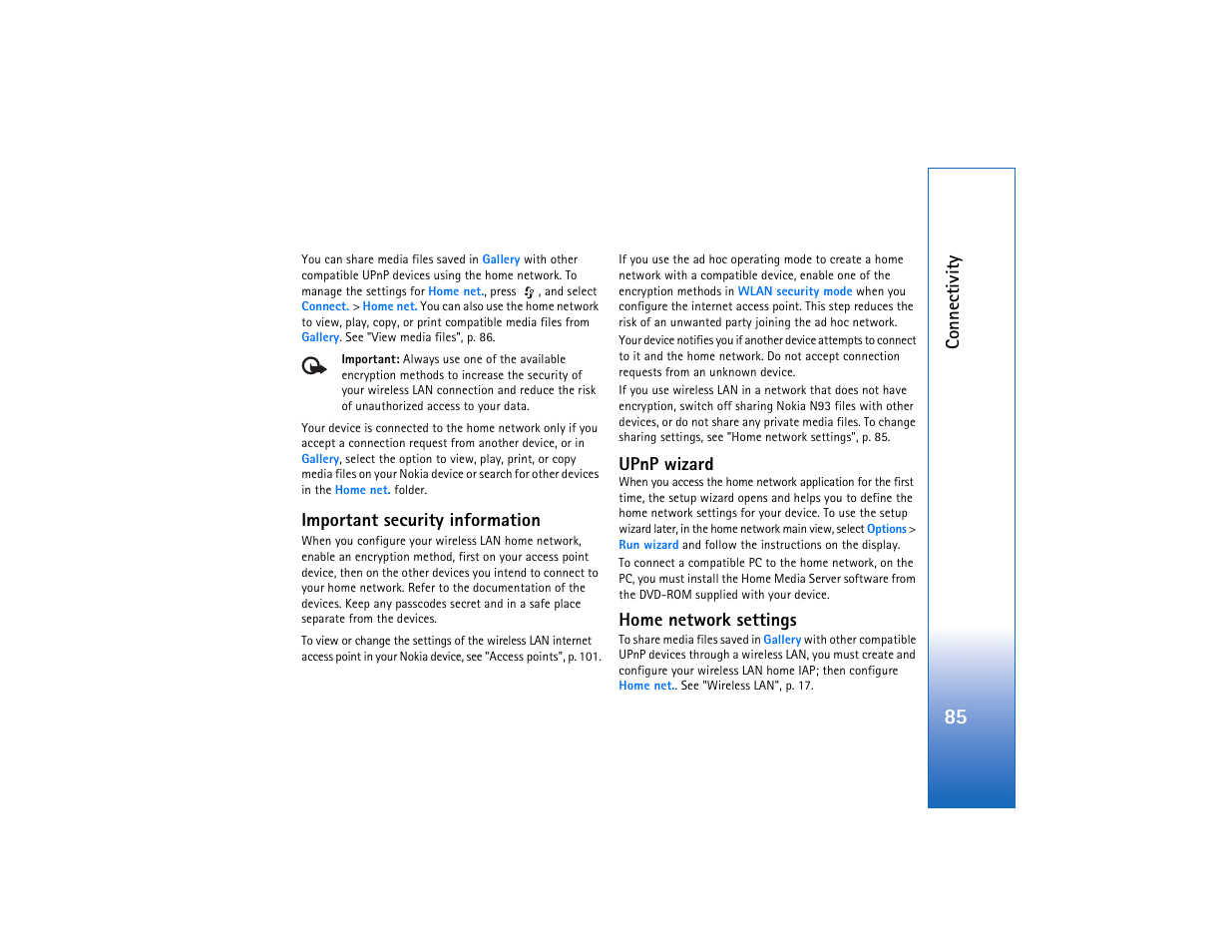 Important security information, Upnp wizard, Home network settings | Nokia N93 User Manual | Page 86 / 273