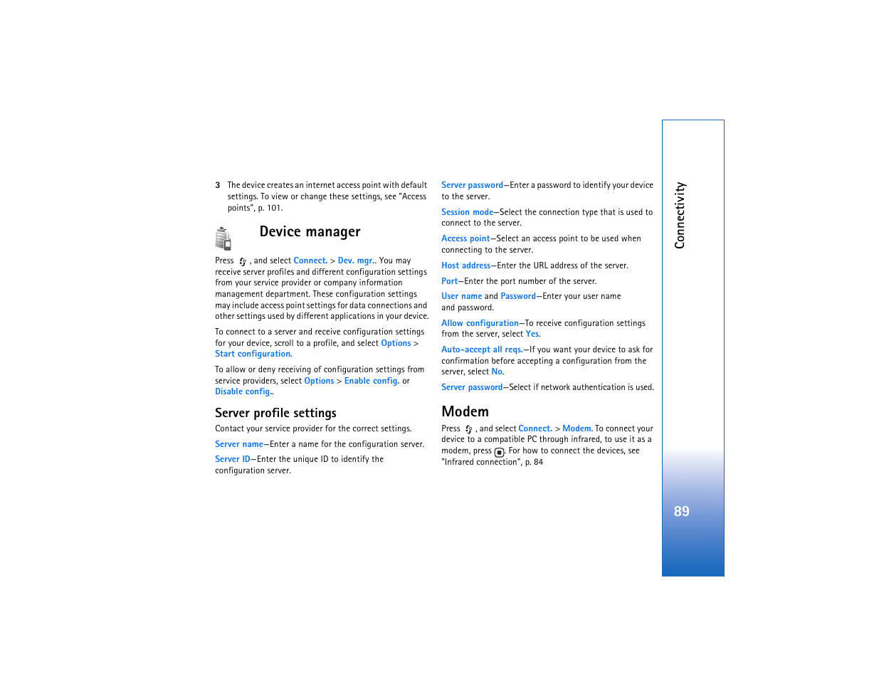 Device manager, Server profile settings, Modem | Device manager modem | Nokia N93 User Manual | Page 90 / 273
