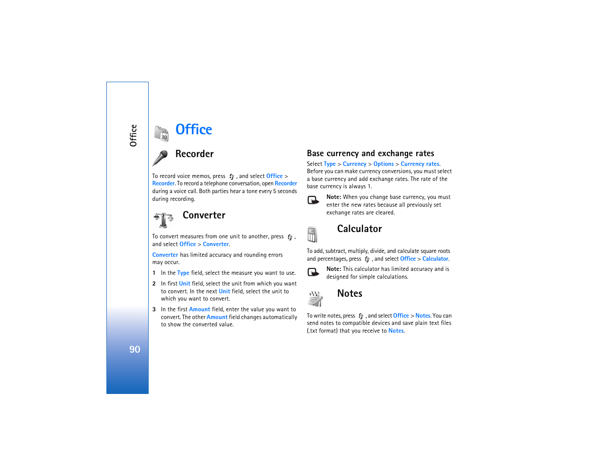 Office, Recorder, Converter | Base currency and exchange rates, Calculator, Notes, Recorder converter calculator notes | Nokia N93 User Manual | Page 91 / 273