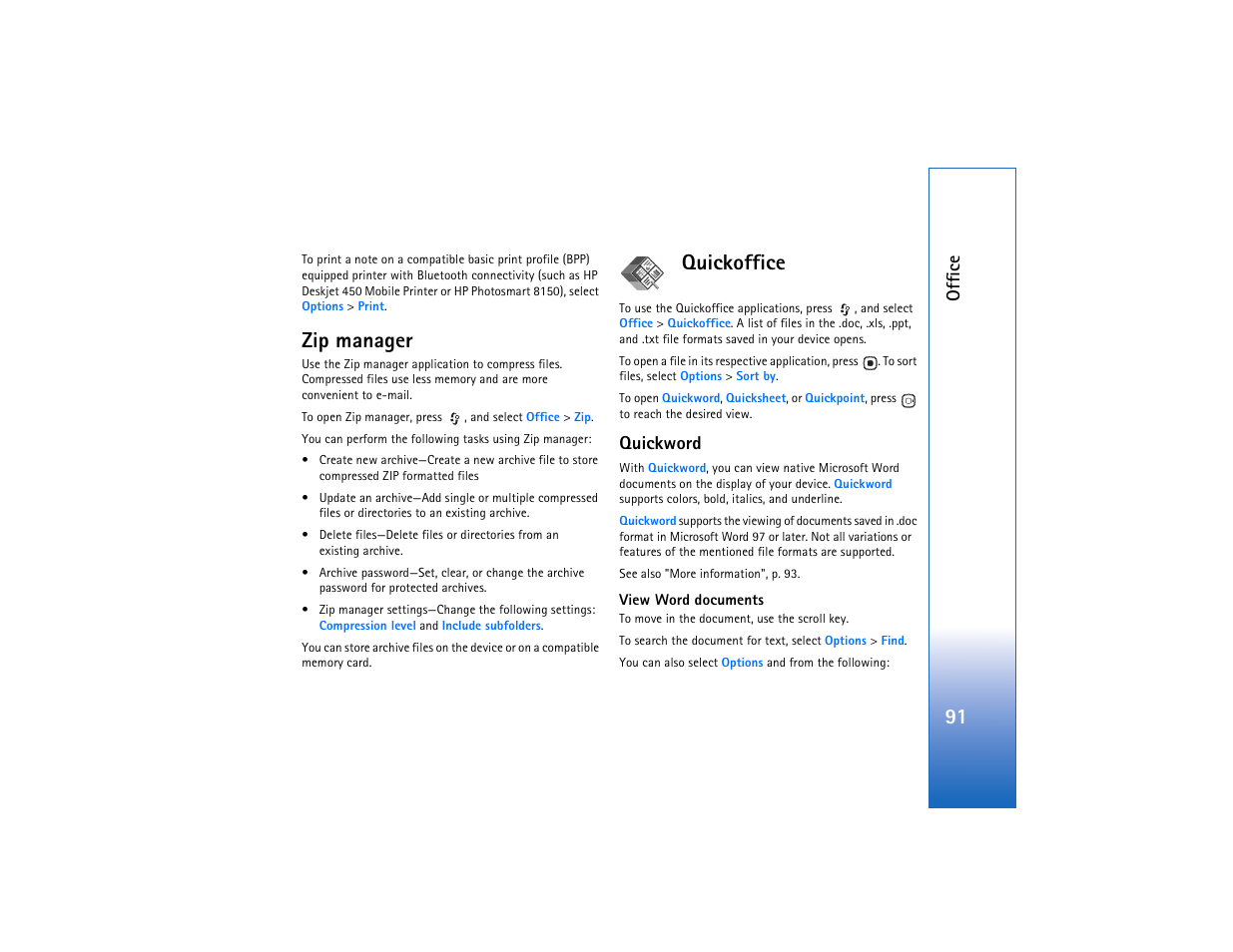 Zip manager, Quickoffice, Quickword | Zip manager quickoffice, Offic e | Nokia N93 User Manual | Page 92 / 273