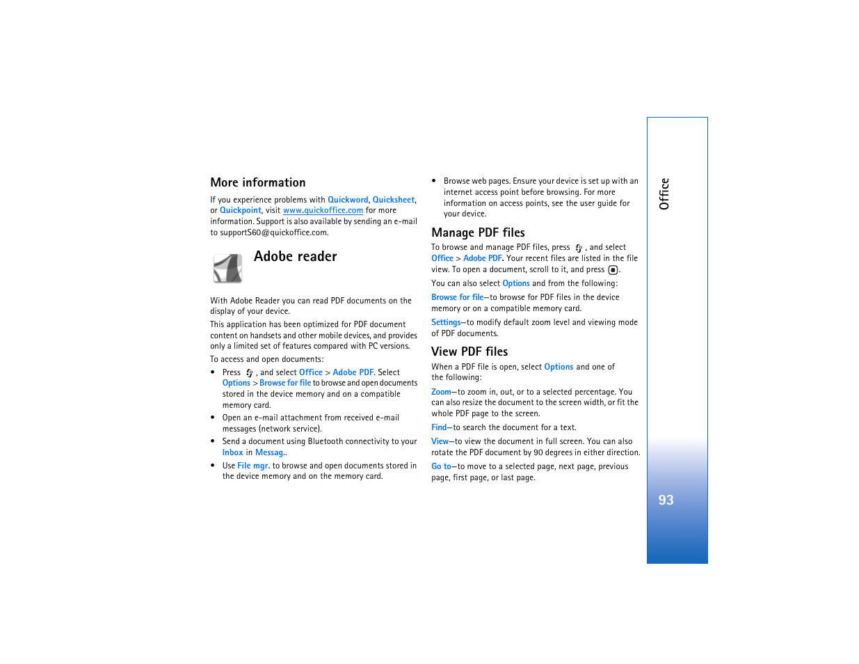 More information, Adobe reader, Manage pdf files | View pdf files, Also "more information, Offic e | Nokia N93 User Manual | Page 94 / 273