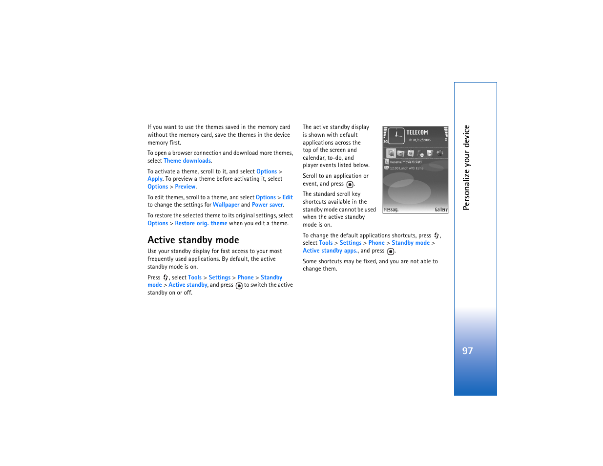 Active standby, Active standby mode, Ee "active standby mode | Per sonalize your device | Nokia N93 User Manual | Page 98 / 273