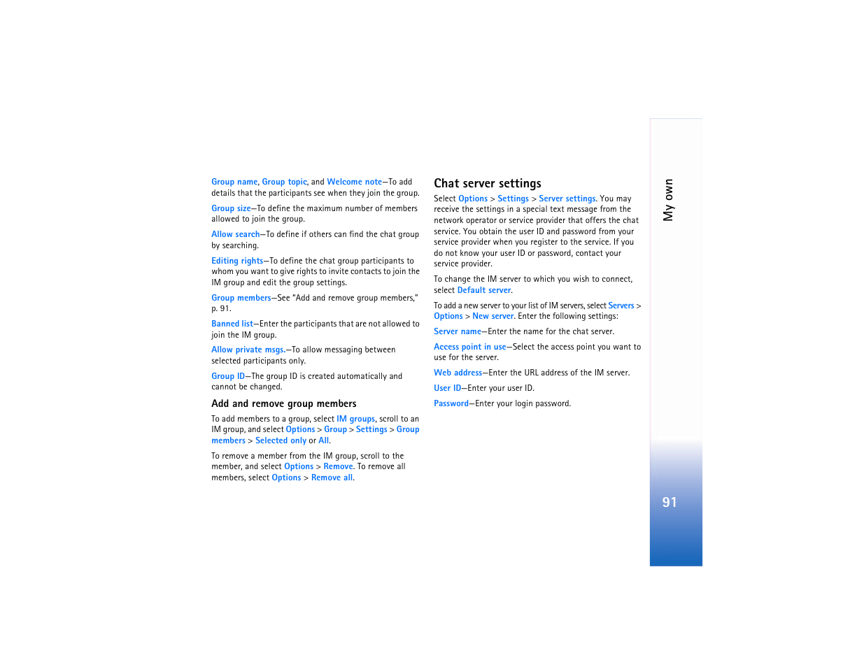 Chat server settings, My own | Nokia N90 User Manual | Page 100 / 129