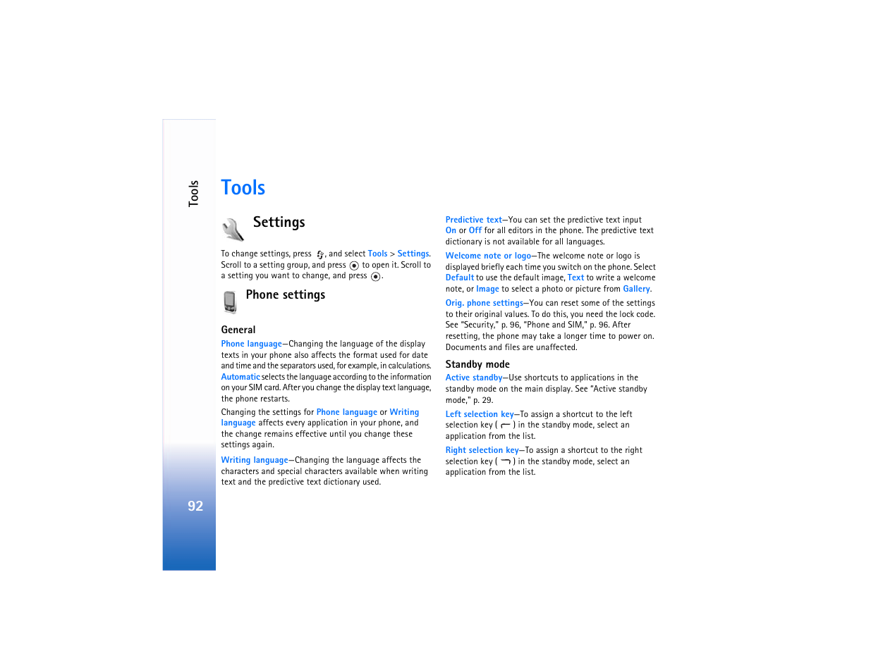 Tools, Settings, Phone settings | Standby mode‚" p. 92 | Nokia N90 User Manual | Page 101 / 129