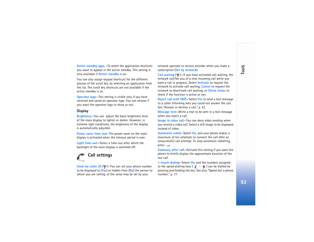 Call settings, Call settings‚" p. 93, Tools | Nokia N90 User Manual | Page 102 / 129