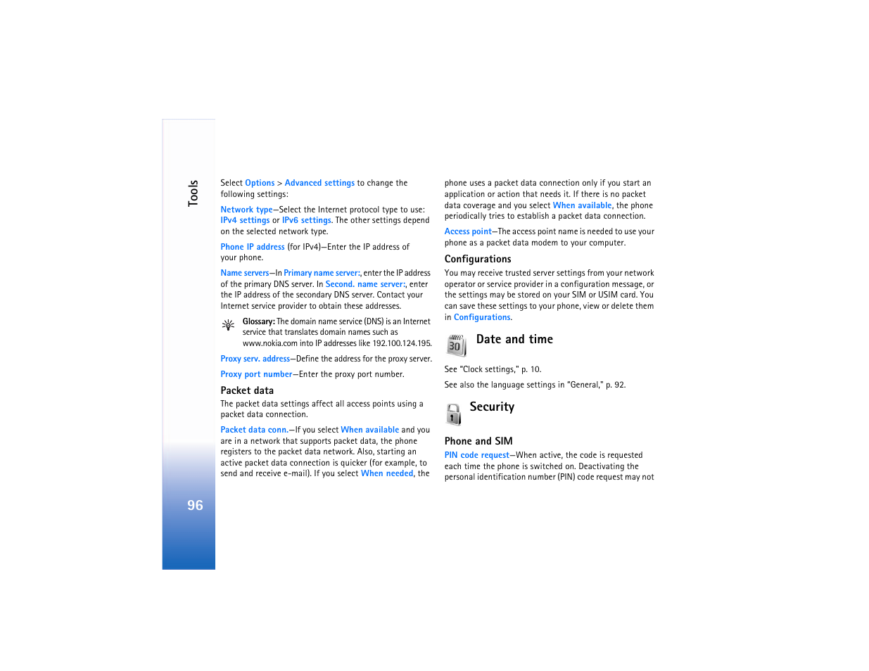 Date and time, Security, Date and time security | Tools | Nokia N90 User Manual | Page 105 / 129