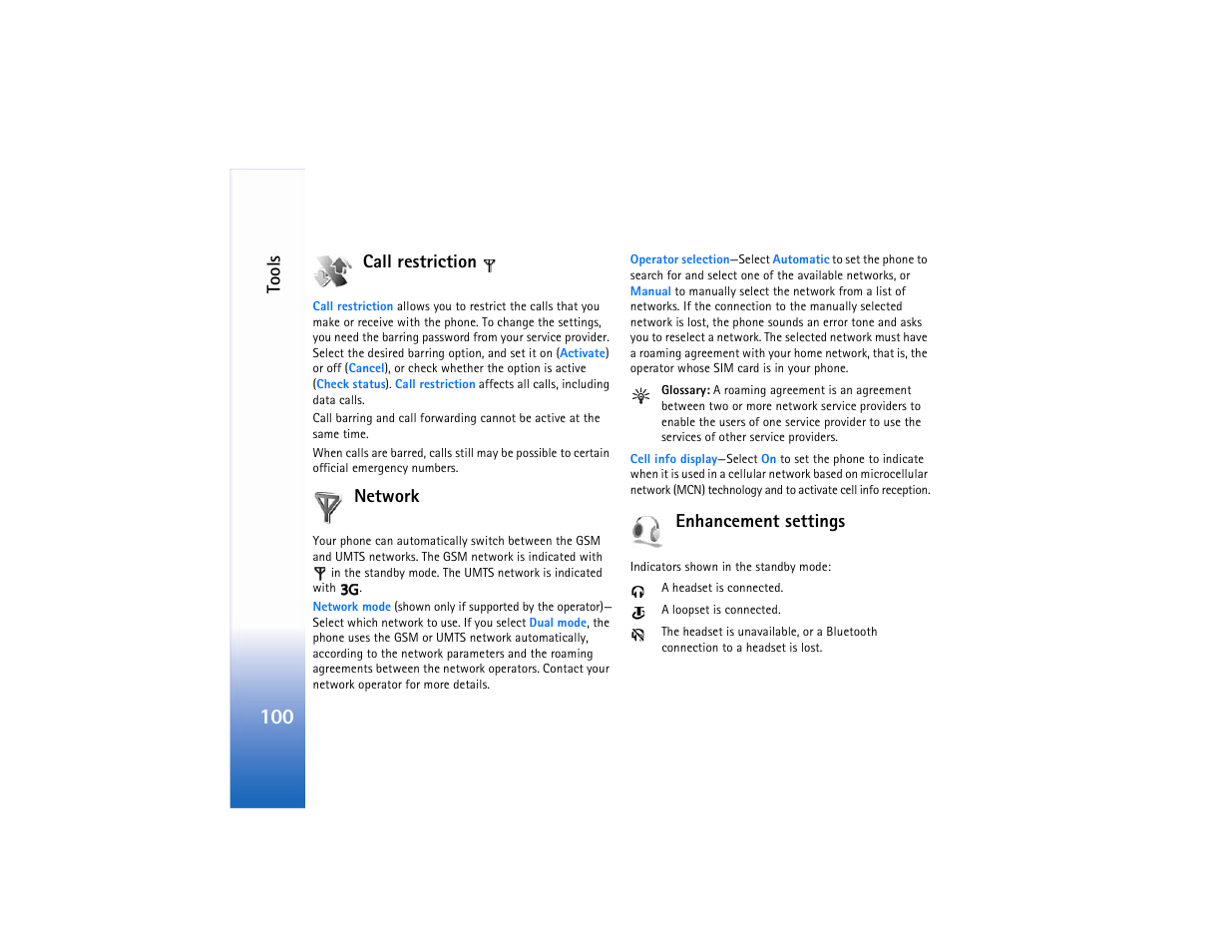 Call restriction, Network, Enhancement settings | Call restriction network enhancement settings, E “network‚" p. 100, Tools | Nokia N90 User Manual | Page 109 / 129