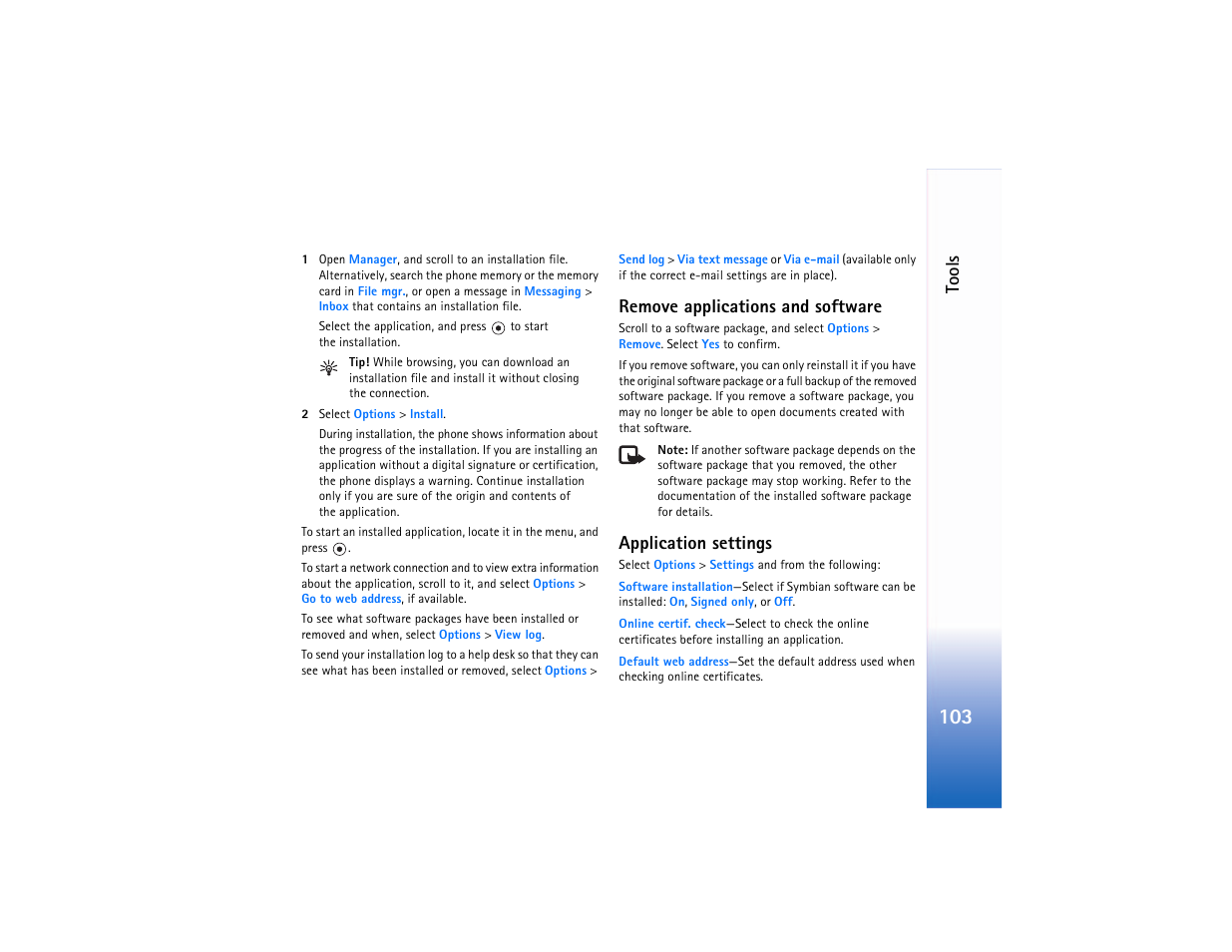 Remove applications and software, Application settings, Tools | Nokia N90 User Manual | Page 112 / 129