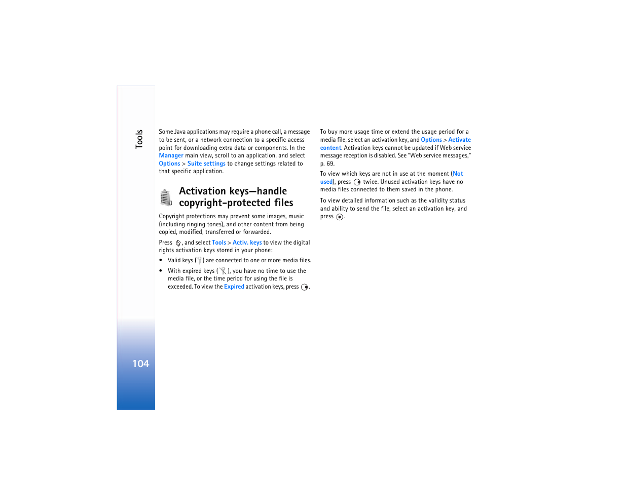 Activation keys, Activation keys—handle copyright-protected files, Tools | Nokia N90 User Manual | Page 113 / 129