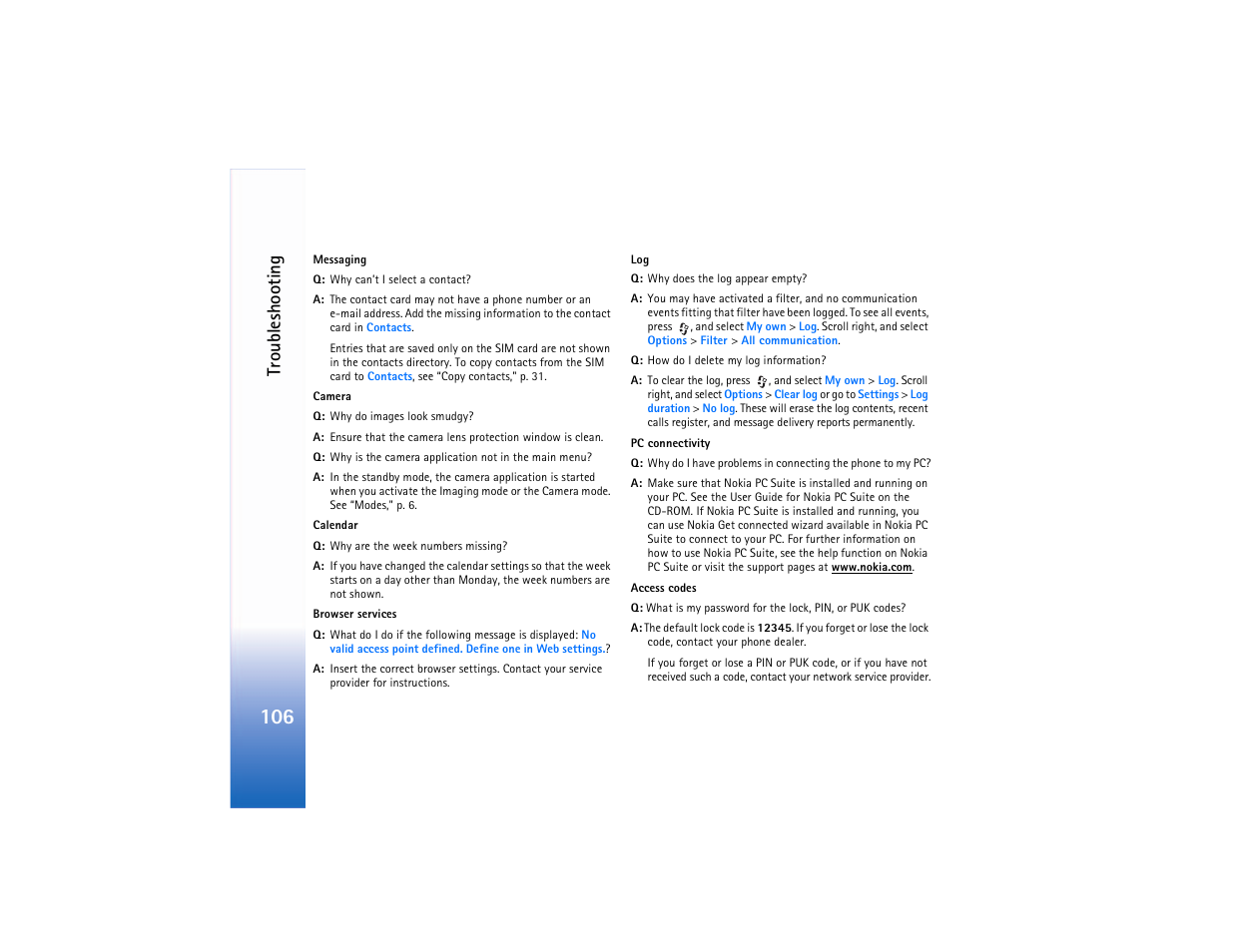 Troubleshooting | Nokia N90 User Manual | Page 115 / 129