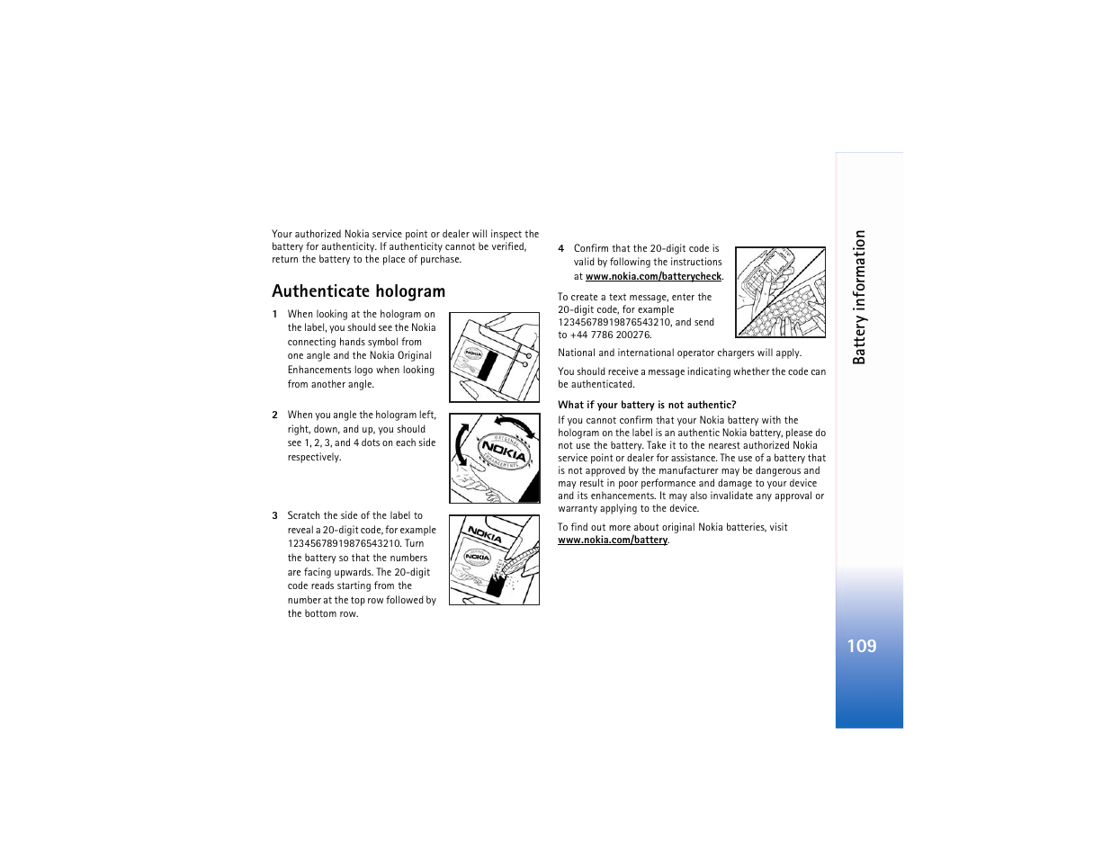 Authenticate hologram, Battery information | Nokia N90 User Manual | Page 118 / 129