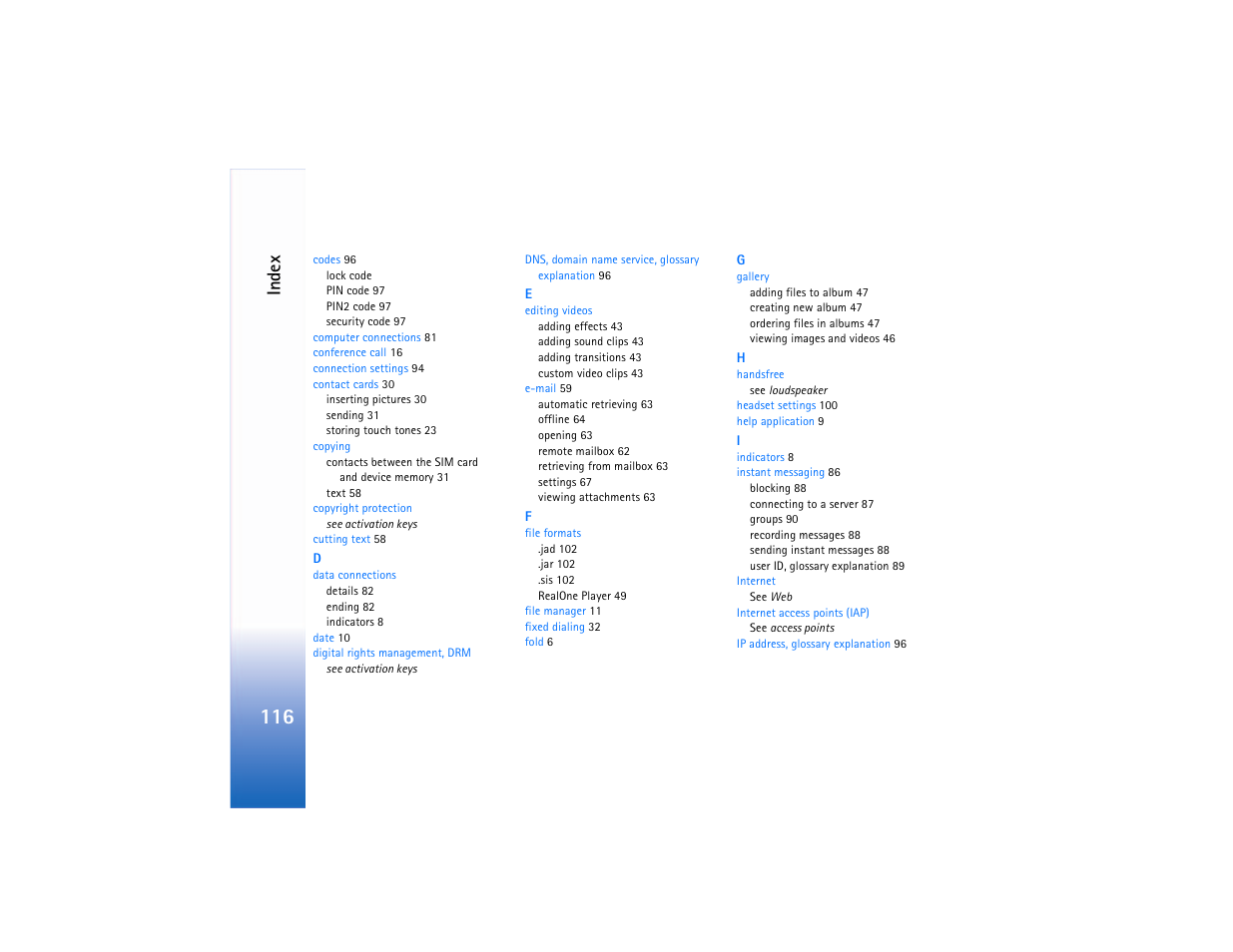 Ind ex | Nokia N90 User Manual | Page 125 / 129