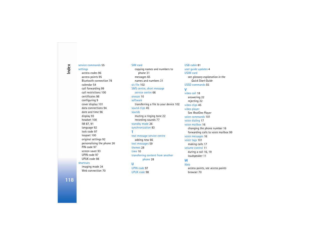 Ind ex | Nokia N90 User Manual | Page 127 / 129
