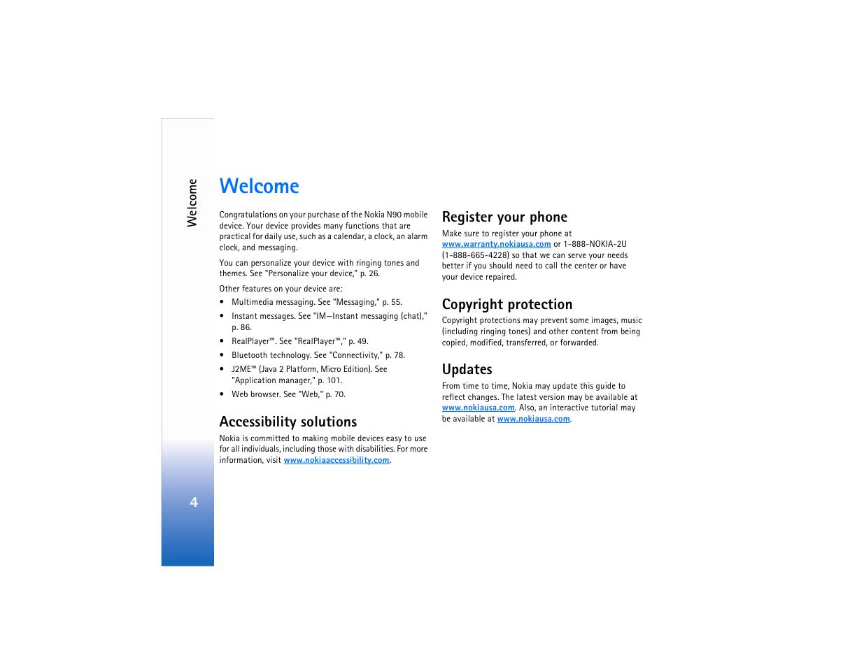 Welcome, Accessibility solutions, Register your phone | Copyright protection, Updates | Nokia N90 User Manual | Page 13 / 129