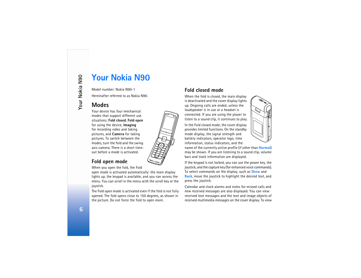 Your nokia n90, Modes, Fold open mode | Fold closed mode, Fold open mode fold closed mode | Nokia N90 User Manual | Page 15 / 129