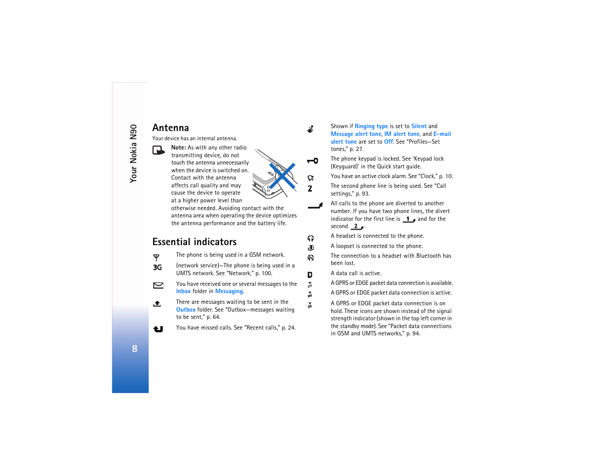 Antenna, Essential indicators, 8antenna | Nokia N90 User Manual | Page 17 / 129