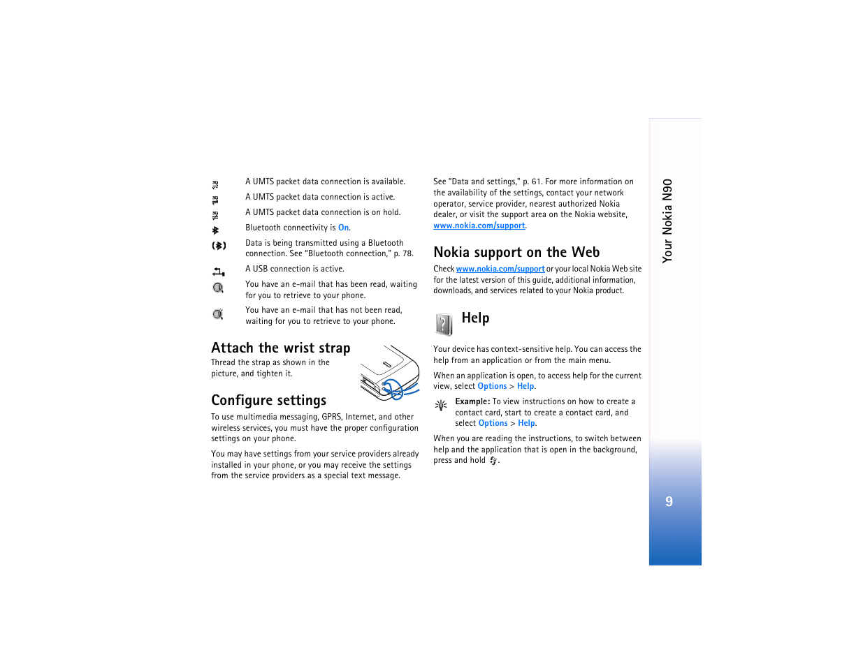 Attach the wrist strap, Configure settings, Nokia support on the web | Help | Nokia N90 User Manual | Page 18 / 129