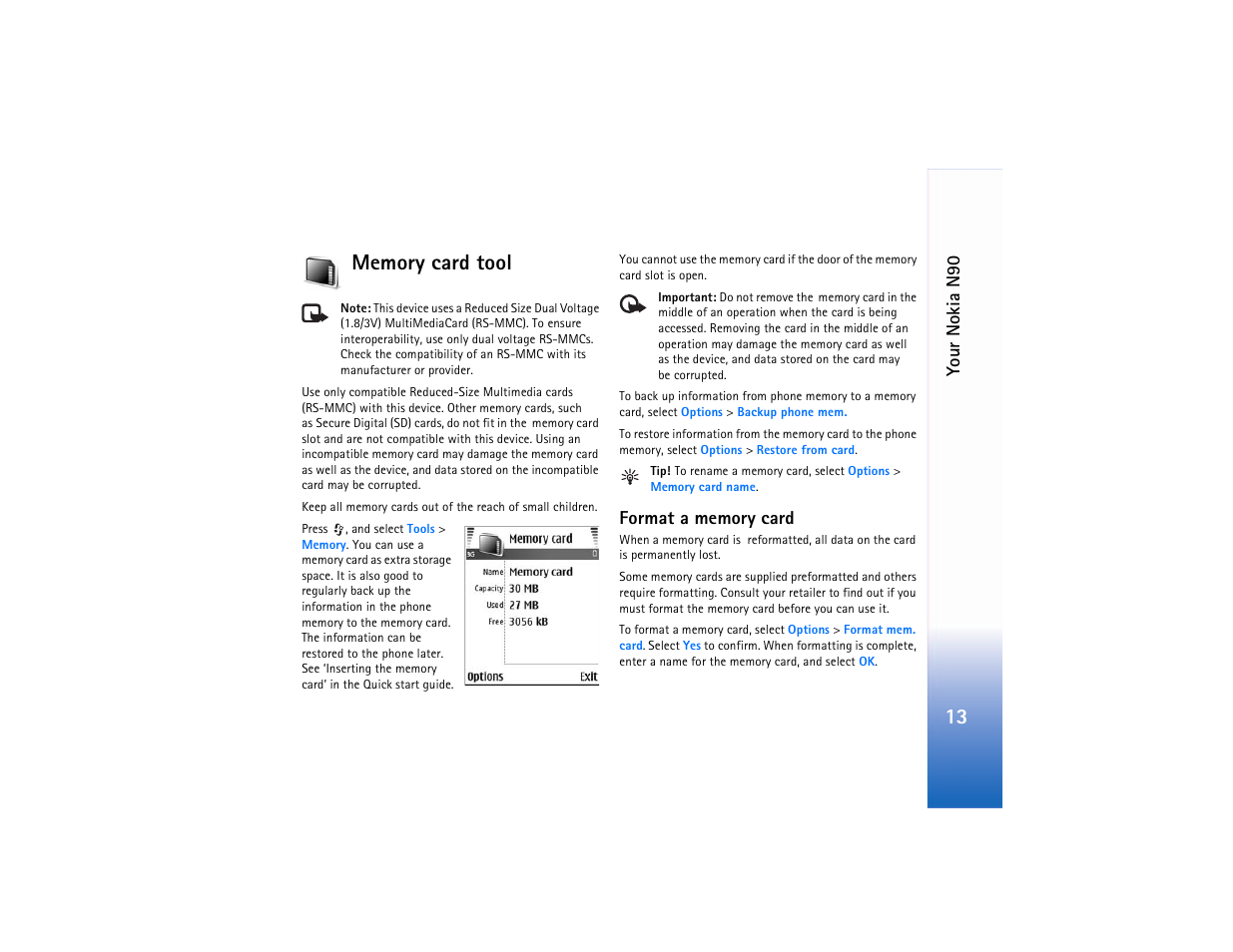 Memory card tool, Format a memory card | Nokia N90 User Manual | Page 22 / 129